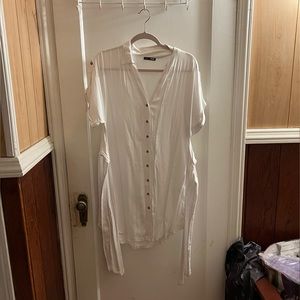 Women's White Tie Front Mini Dress with Buttons Size Large